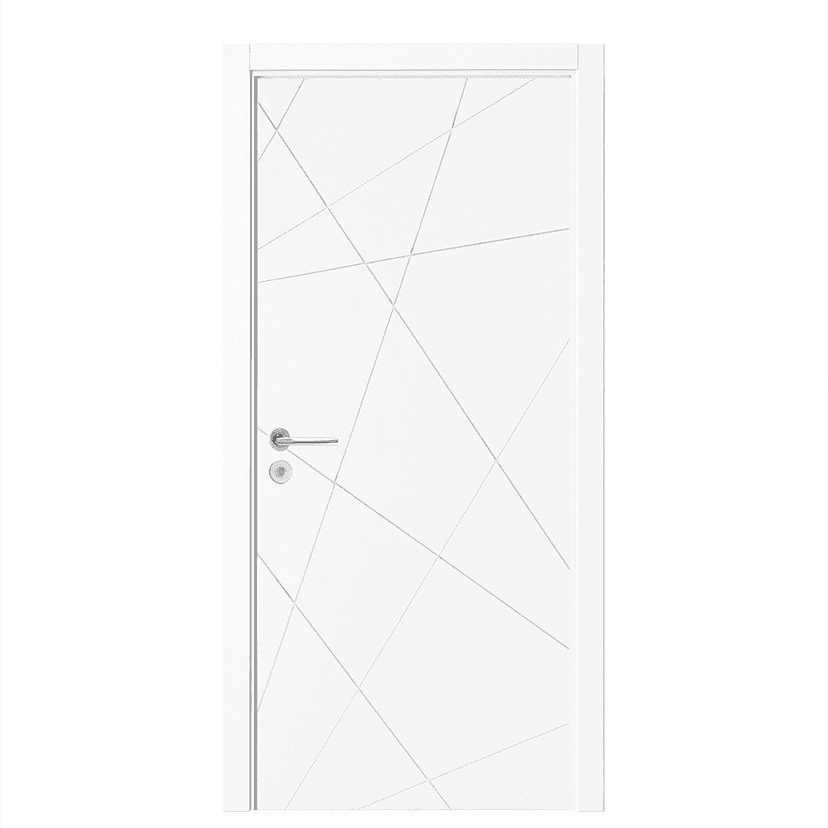 White economical WPC door with abstract diagonal line pattern and silver handle