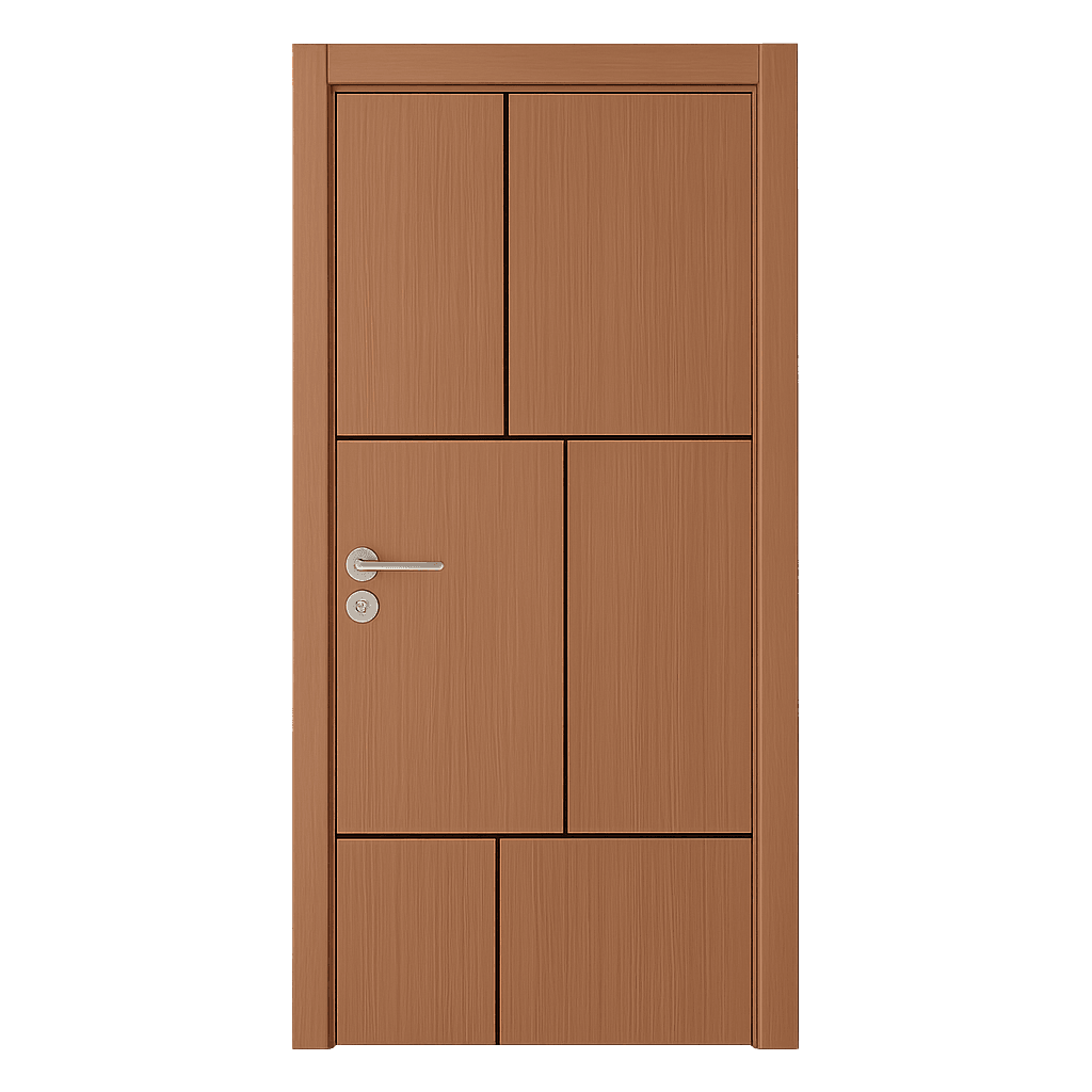 Brown WPC door with symmetrical block panel design and silver handle