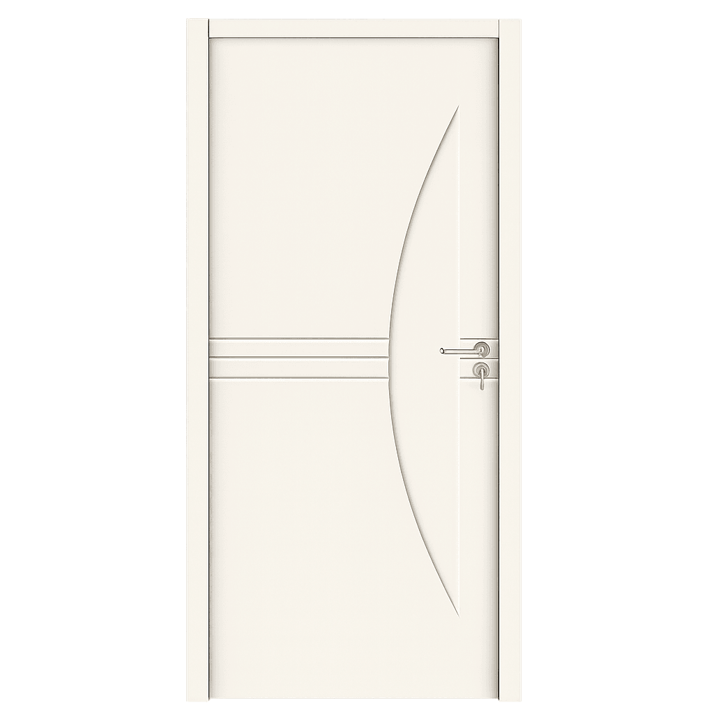 Cream-colored WPC door with curved groove design and silver handle
