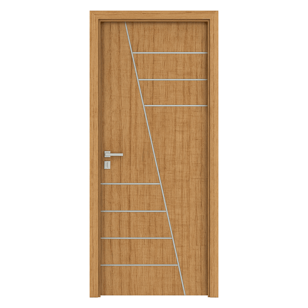 Economical WPC door with diagonal and horizontal grooves in natural wood texture
