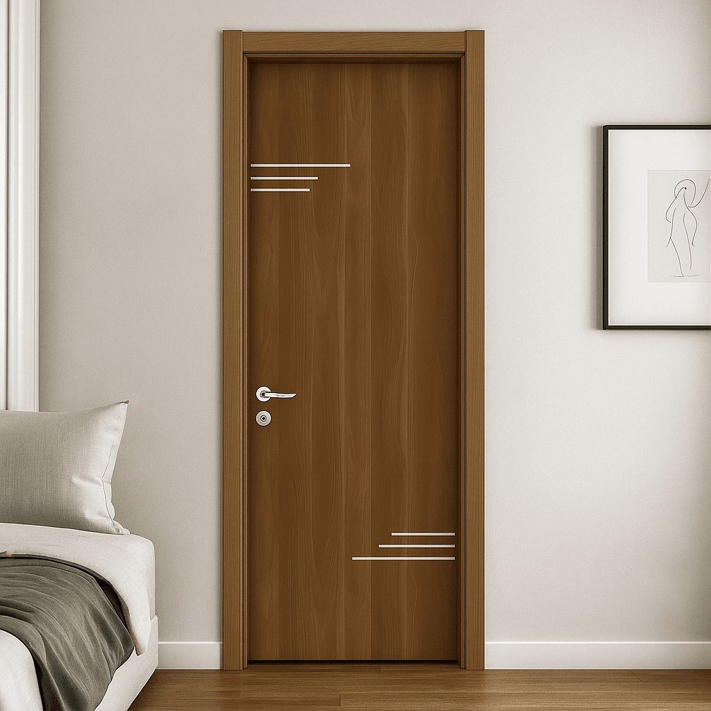 Brown WPC door with silver horizontal accent strips and white handle