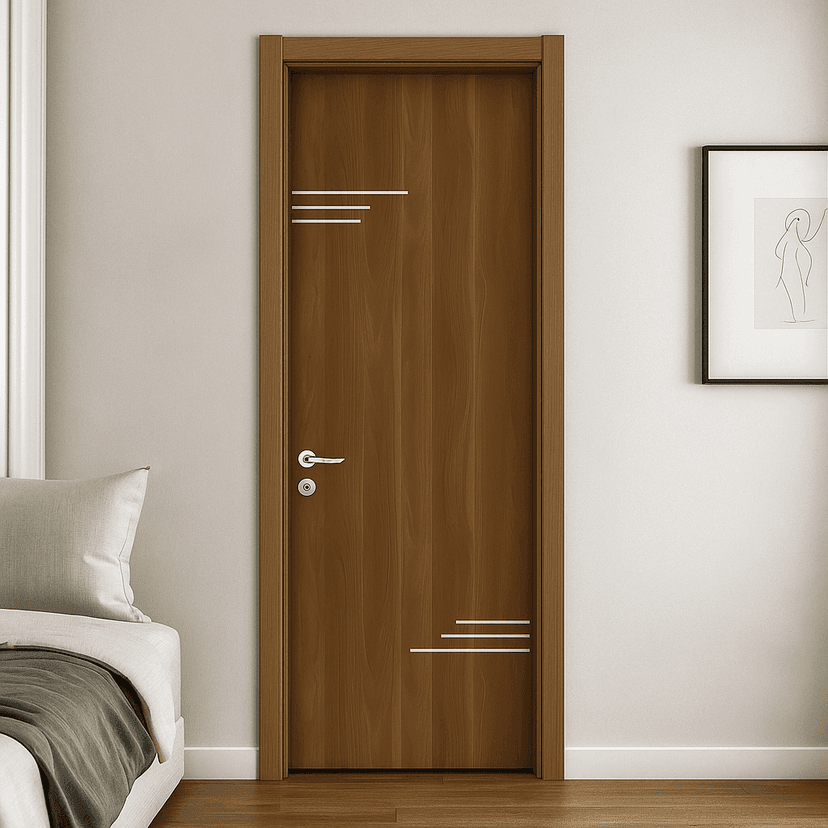 Brown WPC door with silver horizontal accent strips and white handle