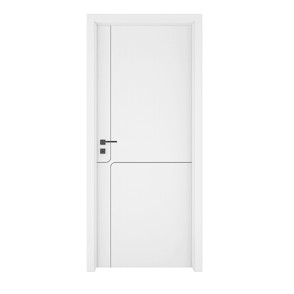 White WPC door with modern minimal rounded panel groove and matte black handle