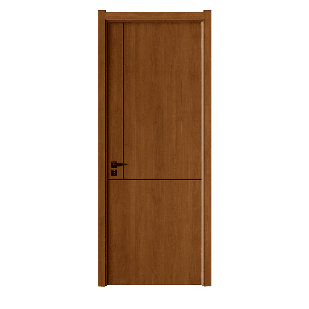 Brown WPC door with modern offset panel design and black handle