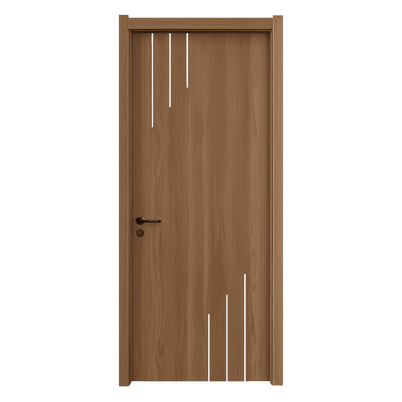 WPC door with modern staggered vertical line pattern and contemporary handle