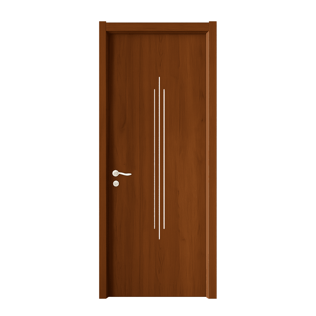Brown WPC door with subtle vertical groove design and white handle