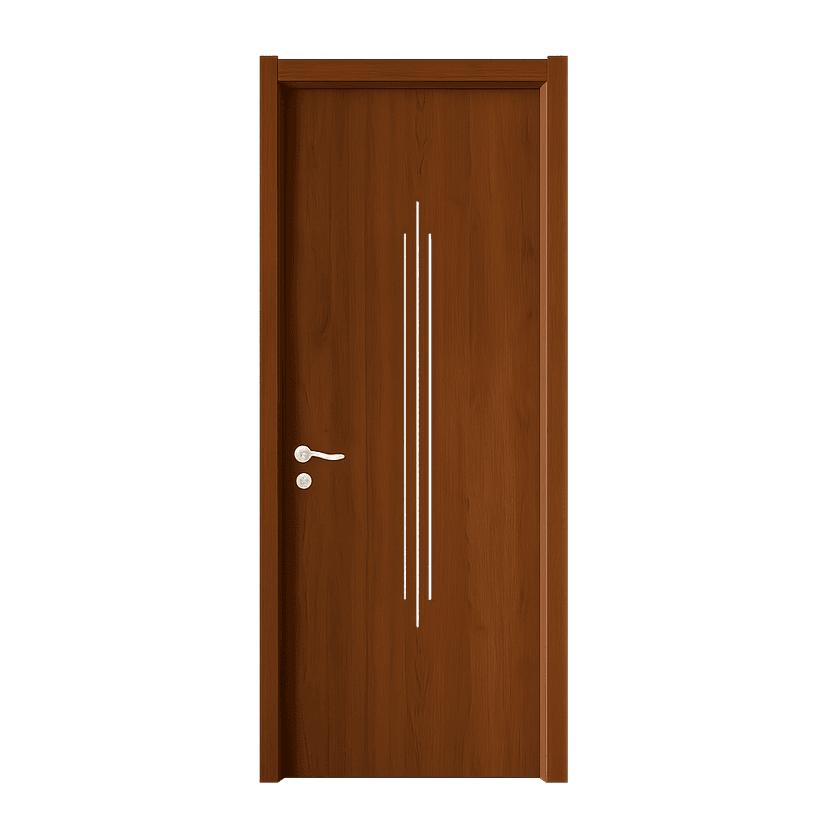 Brown WPC door with subtle vertical groove design and white handle
