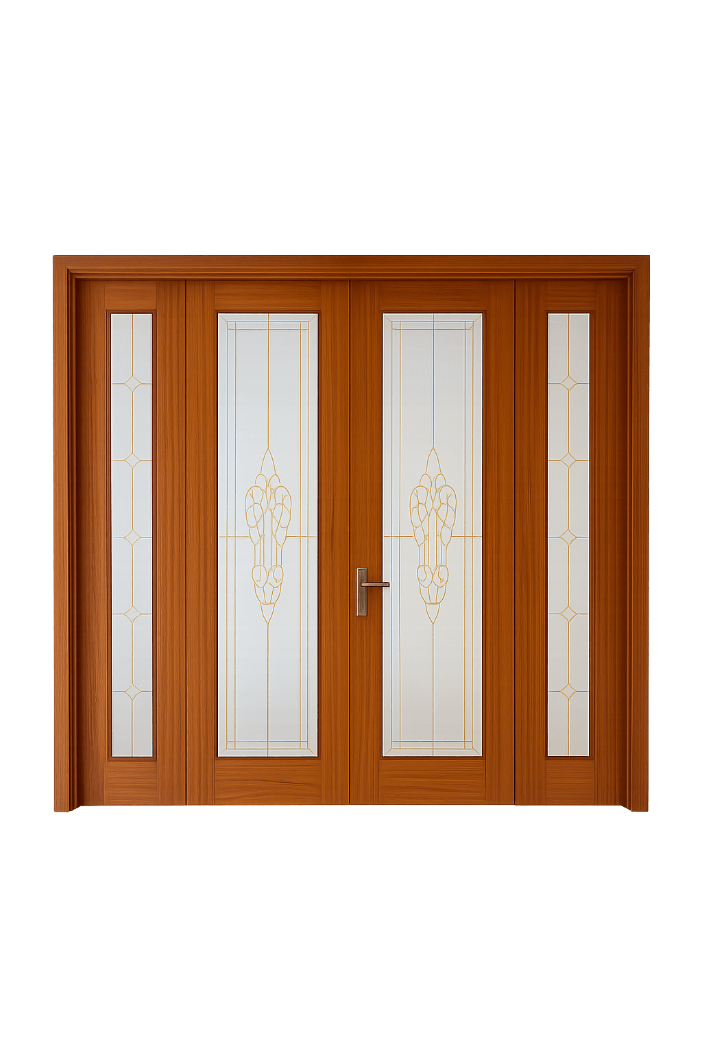 4-panel WPC main door with decorative frosted glass and wooden frame