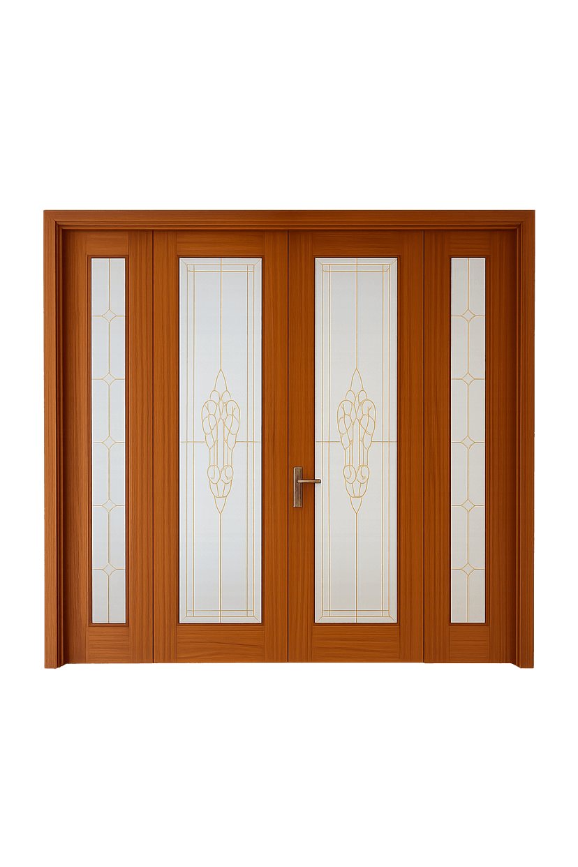 4-panel WPC main door with decorative frosted glass and wooden frame