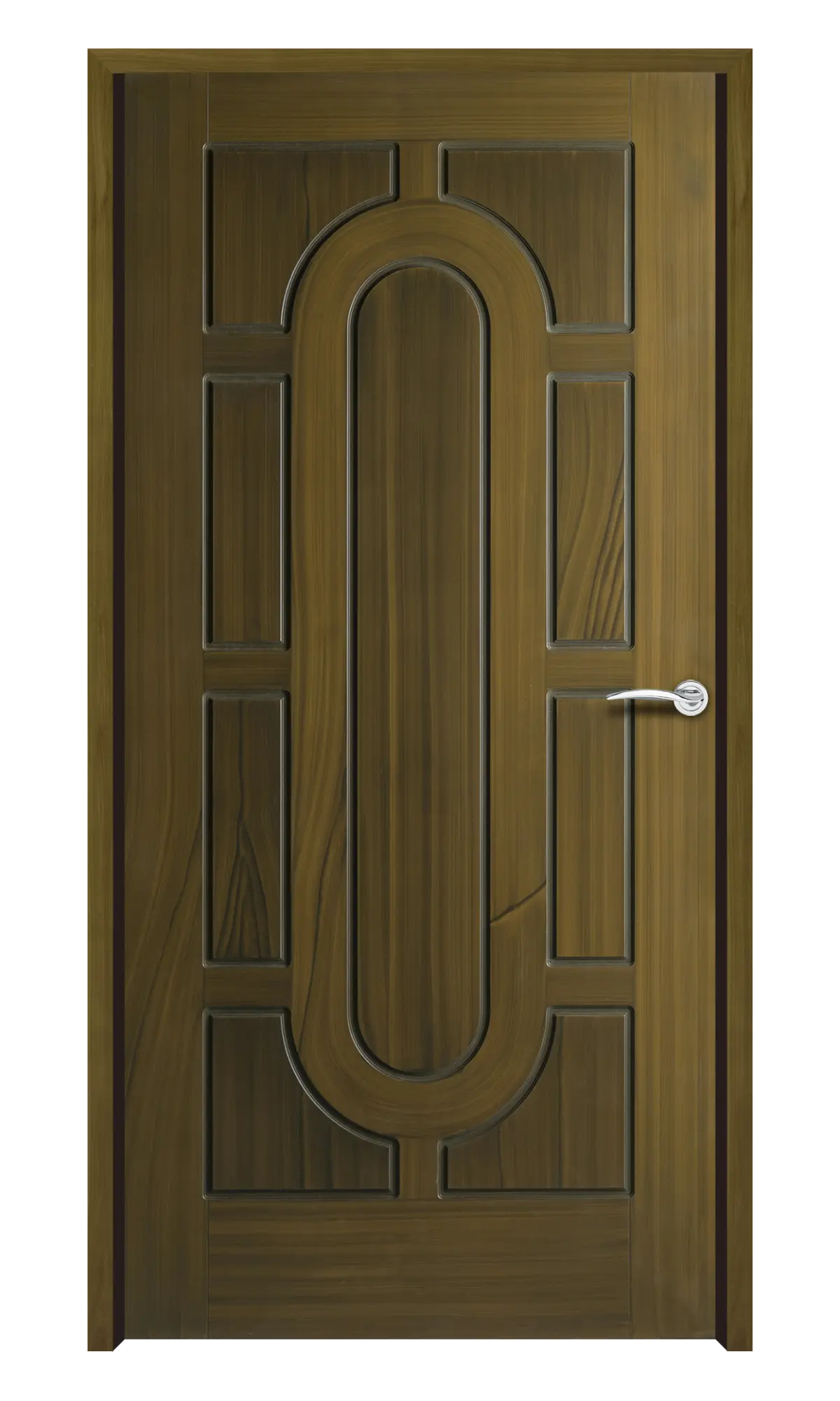 Brown WPC door with arched center panel and multiple rectangular segments