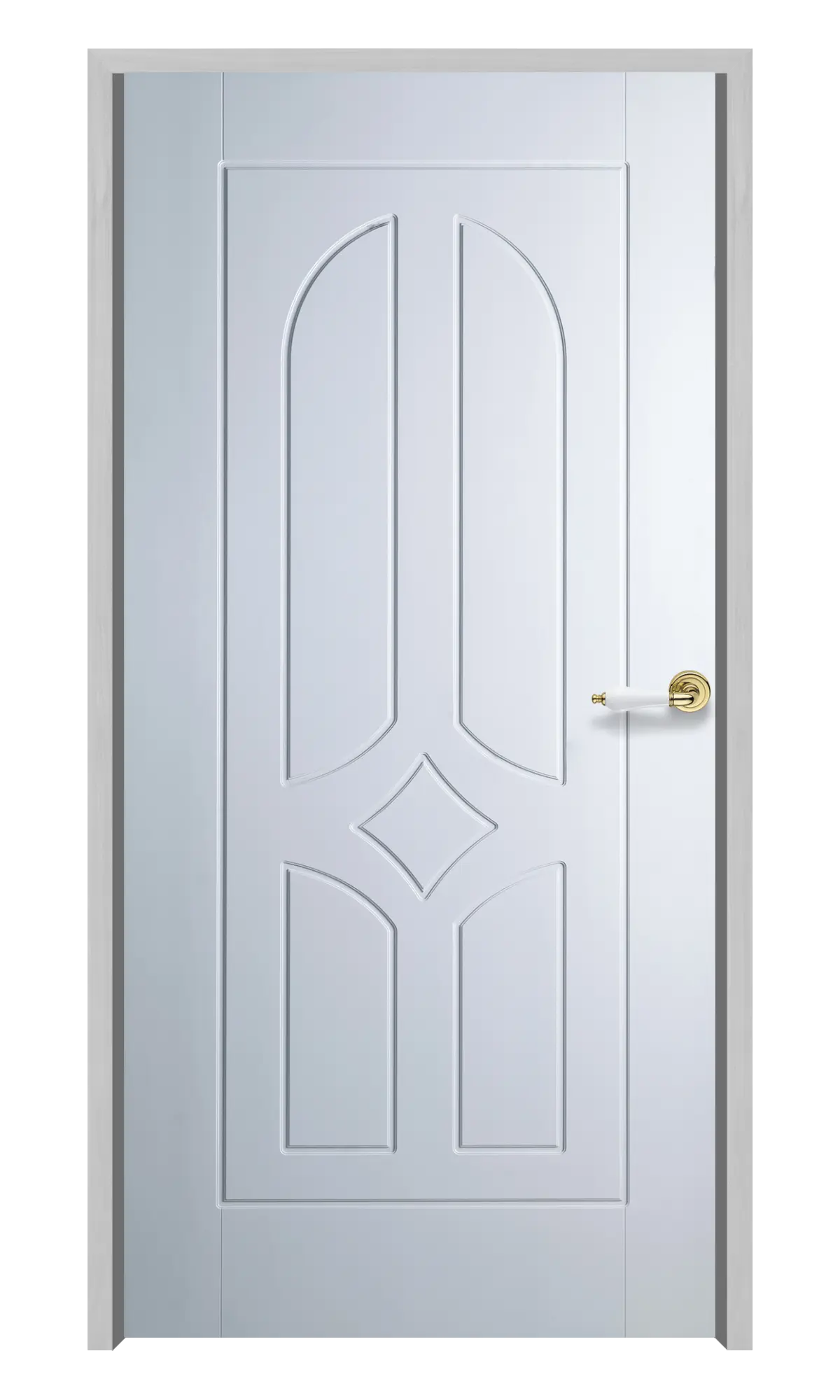 White WPC door with curved and diamond panel design and gold handle