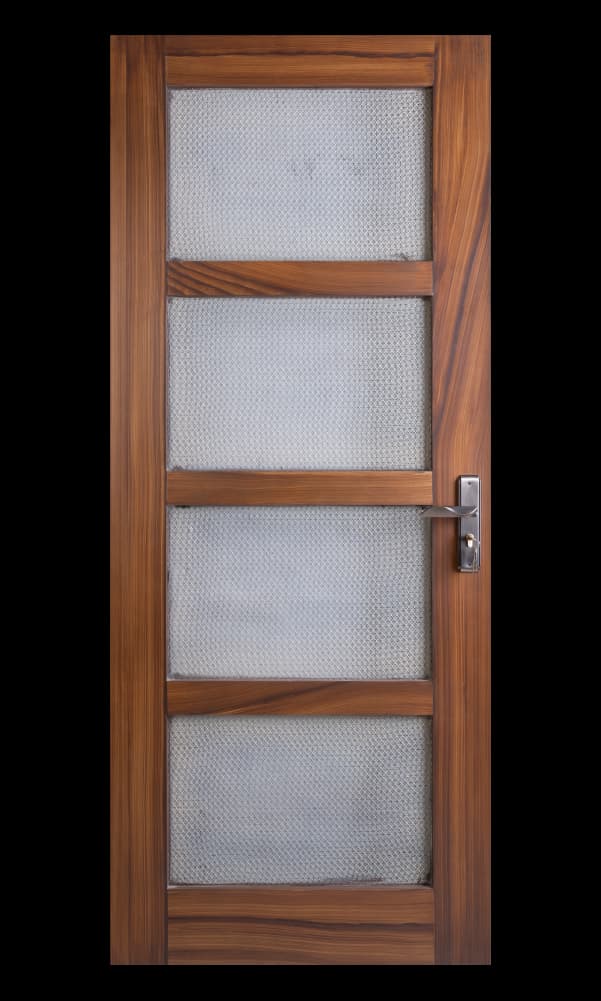 woodgrain mesh wpc door with four see-through mesh panels and side handle