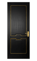 matte black wpc door with gold trim and embossed geometric panel design
