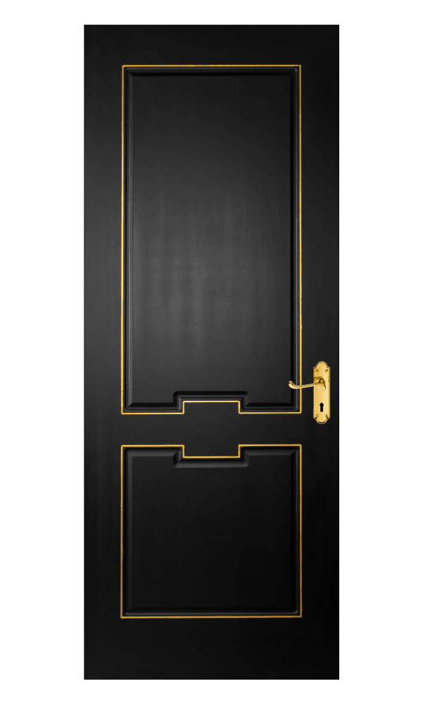 matte black wpc door with gold trim and embossed geometric panel design