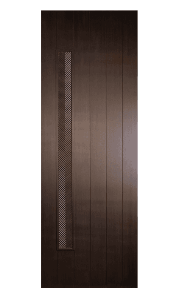 designer wpc door with vertical wood panels and embossed chevron accent strip