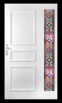 white wpc door with stained glass vertical panels and embossed frame design