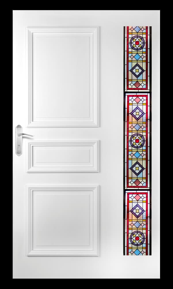 white wpc door with stained glass vertical panels and embossed frame design