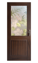 woodgrain wpc door with floral patterned glass and metallic handle