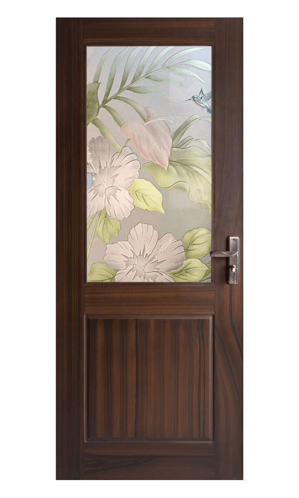 woodgrain wpc door with floral patterned glass and metallic handle