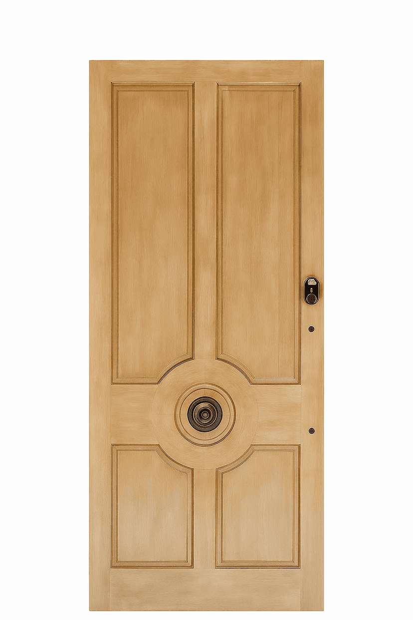 heritage-style wpc door with circular medallion and light wood finish
