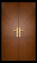 premium double main wpc door with golden handles and diagonal grooved panels
