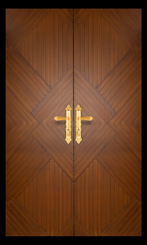 premium double main wpc door with golden handles and diagonal grooved panels