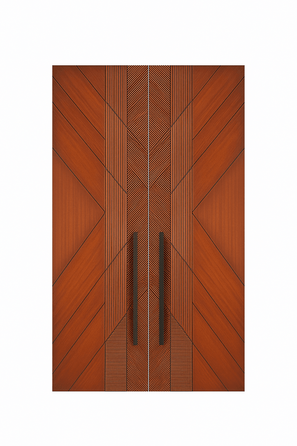 double wpc door with diagonal and linear geometric patterns and vertical black handles