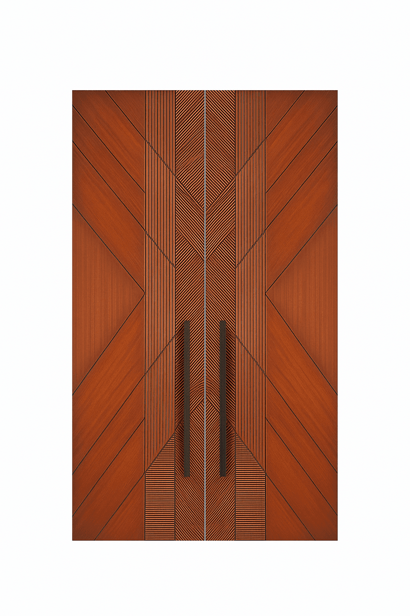 double wpc door with diagonal and linear geometric patterns and vertical black handles
