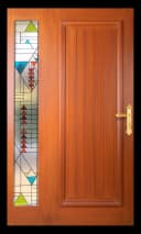 woodgrain wpc door with vertical stained glass side panel and gold handle