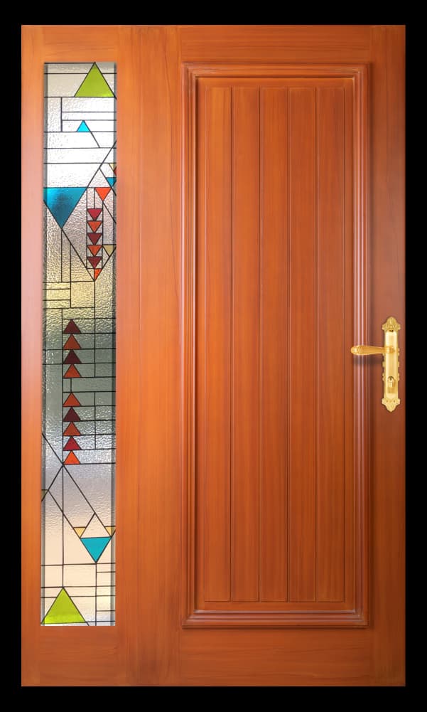 woodgrain wpc door with vertical stained glass side panel and gold handle