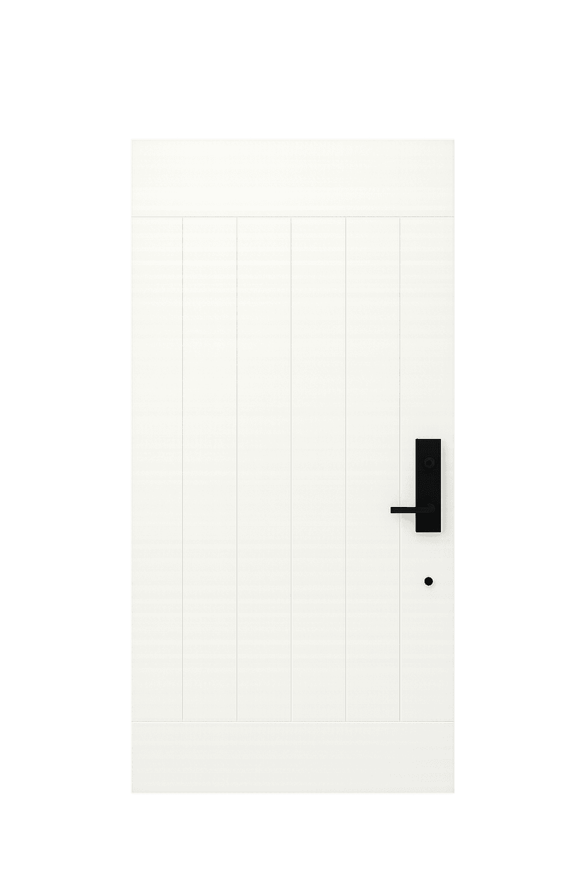 White premium WPC door with vertical panel grooves and black handle