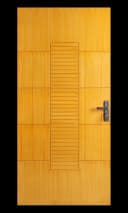 WPC door with central vertical grooved panel and light wood grain finish