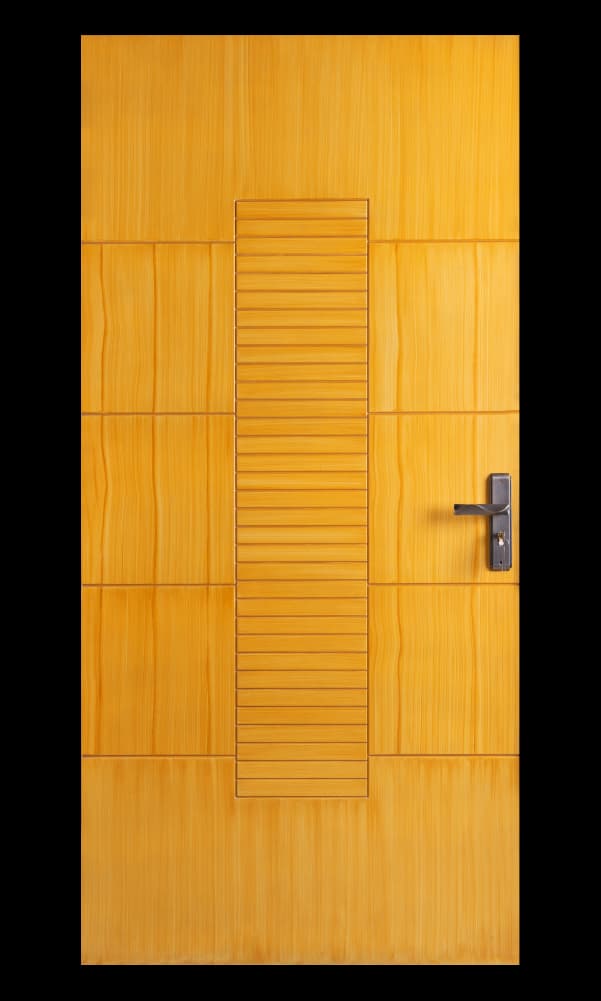WPC door with central vertical grooved panel and light wood grain finish