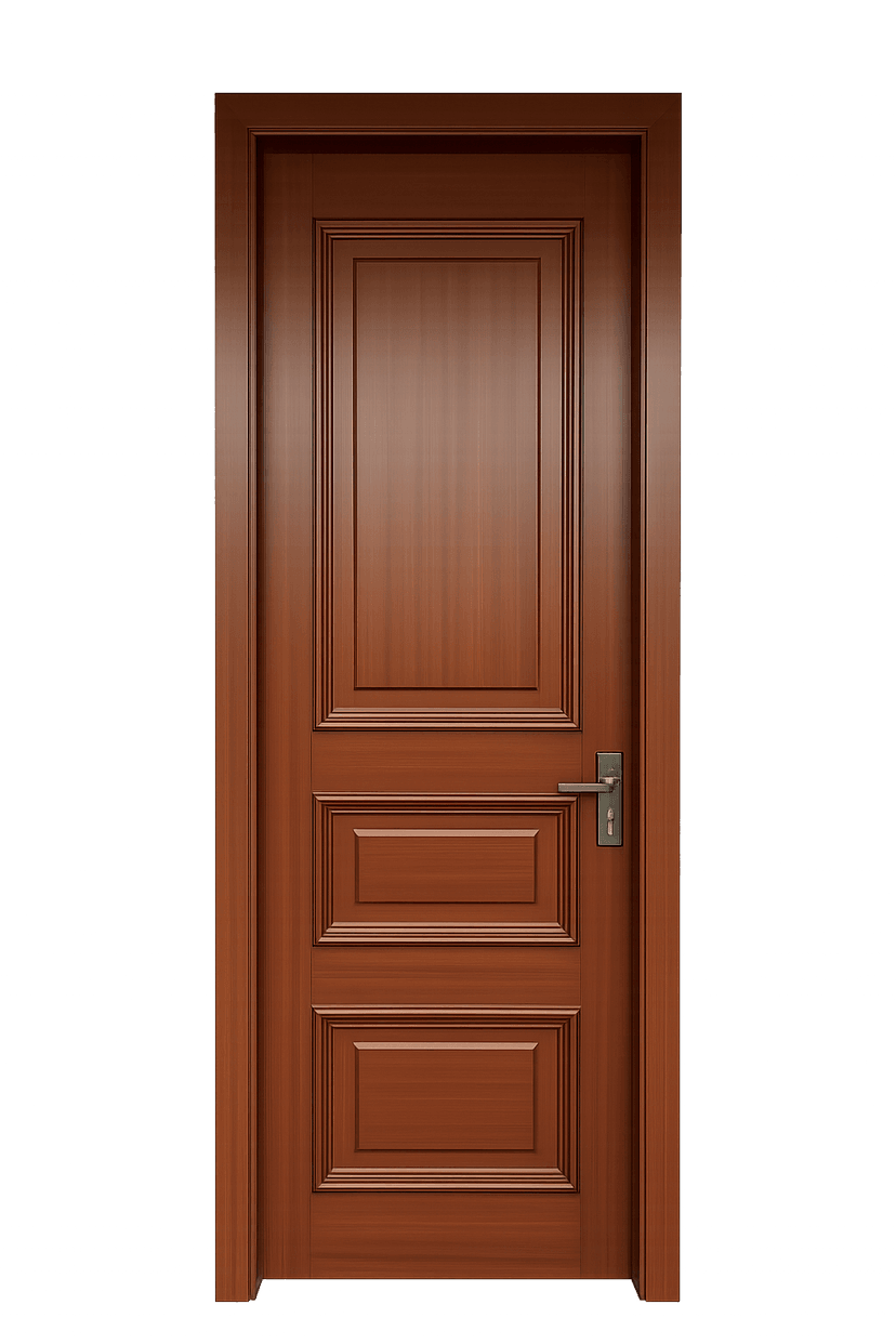 WPC door with three raised rectangular panels and grooved borders