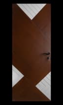 WPC door with diagonal panel design and metallic accent inserts