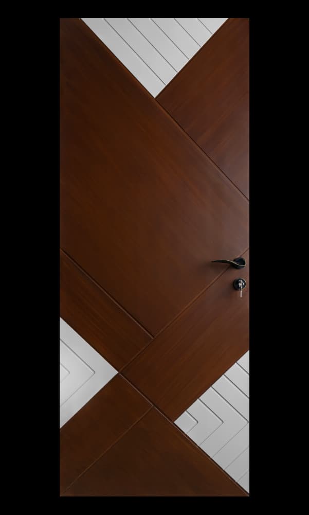 WPC door with diagonal panel design and metallic accent inserts