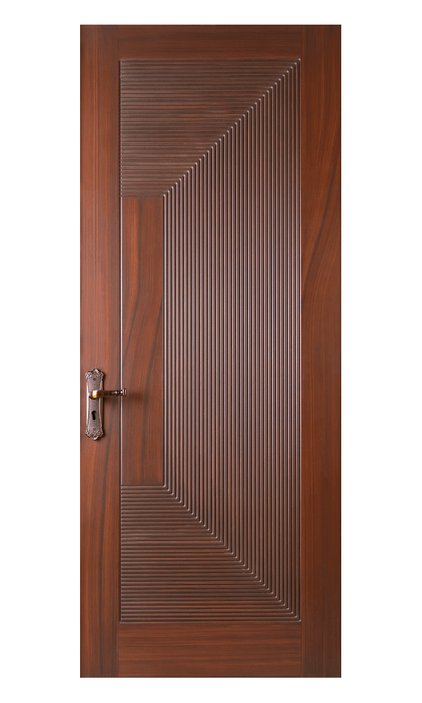 WPC door with bold diagonal ribbed panel design and classic handle
