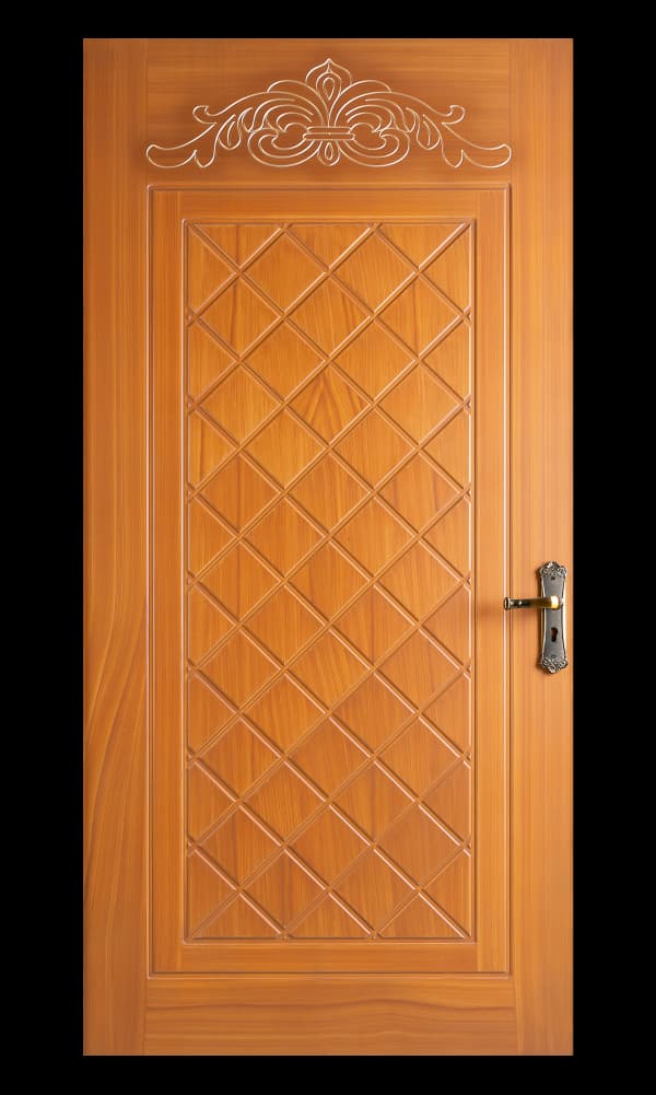 WPC door with diamond grid center panel and floral crown engraving