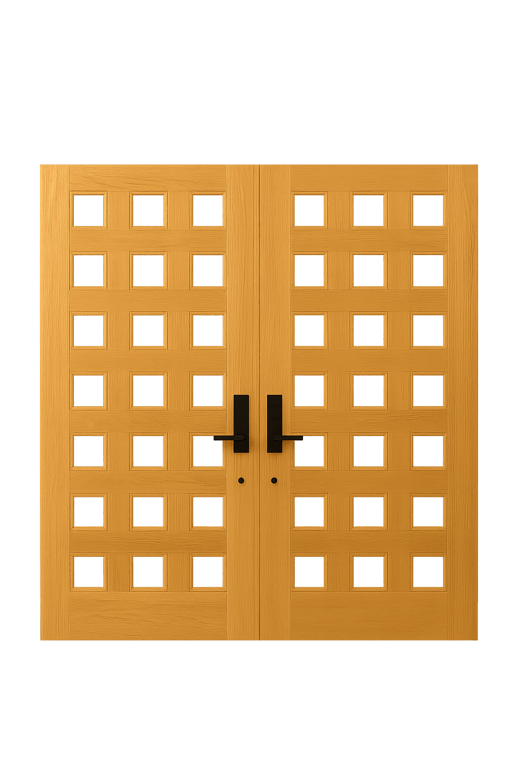 WPC double door with symmetrical raised square panel design and black handles