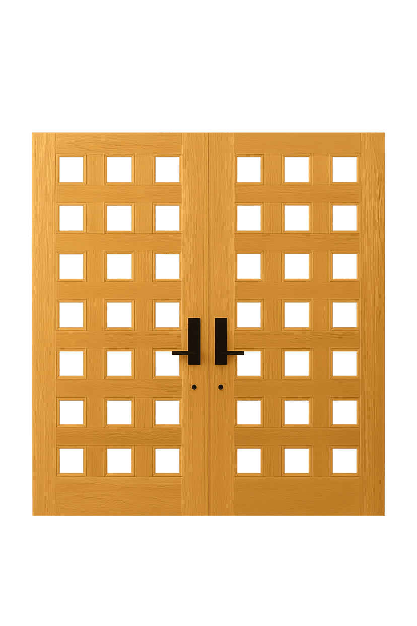 WPC double door with symmetrical raised square panel design and black handles