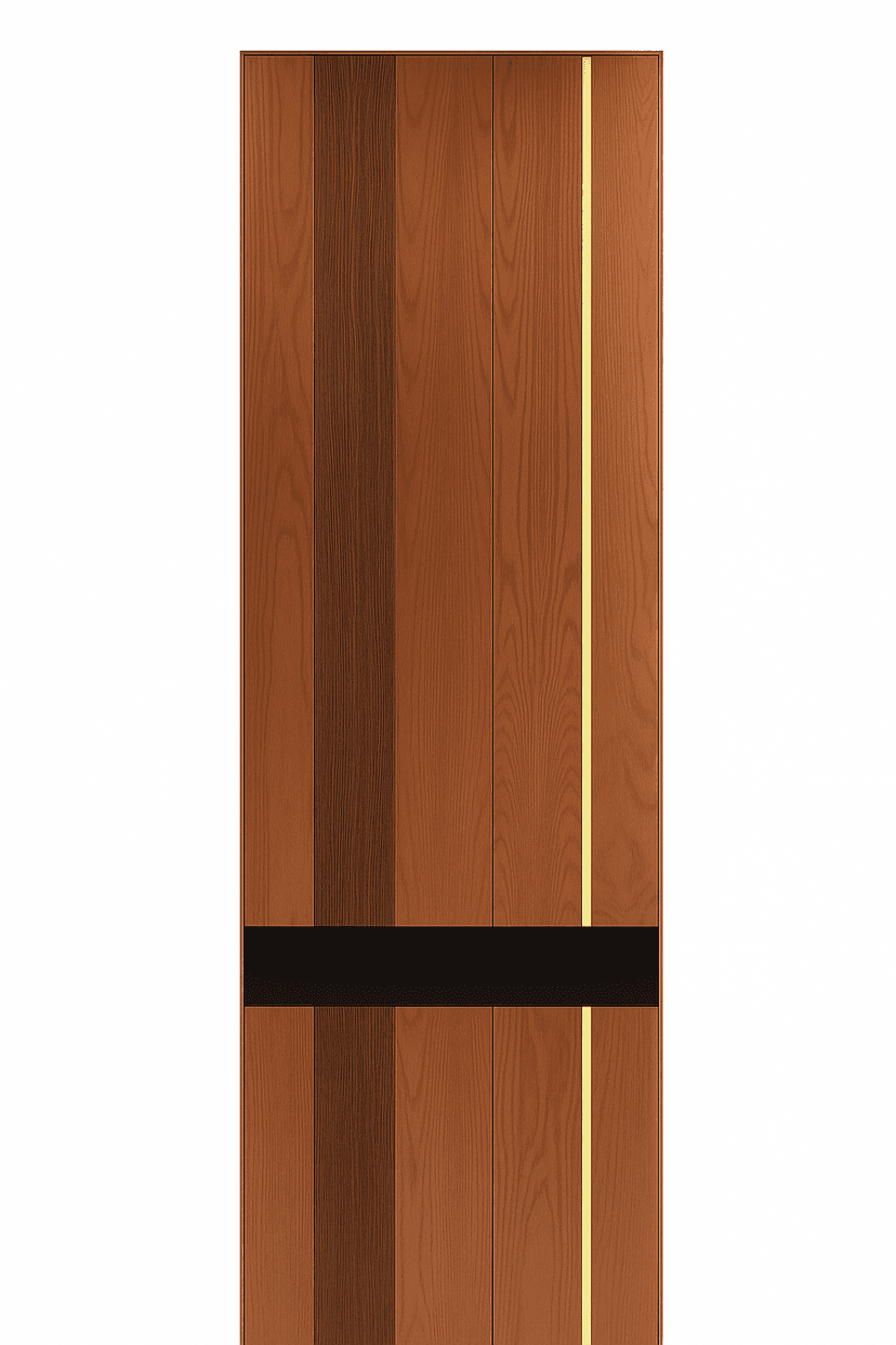 Modern WPC door with vertical panels, black horizontal accent, and gold strip