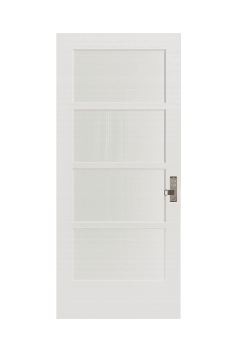 WPC door with five vertical frosted glass panels and a minimalist handle