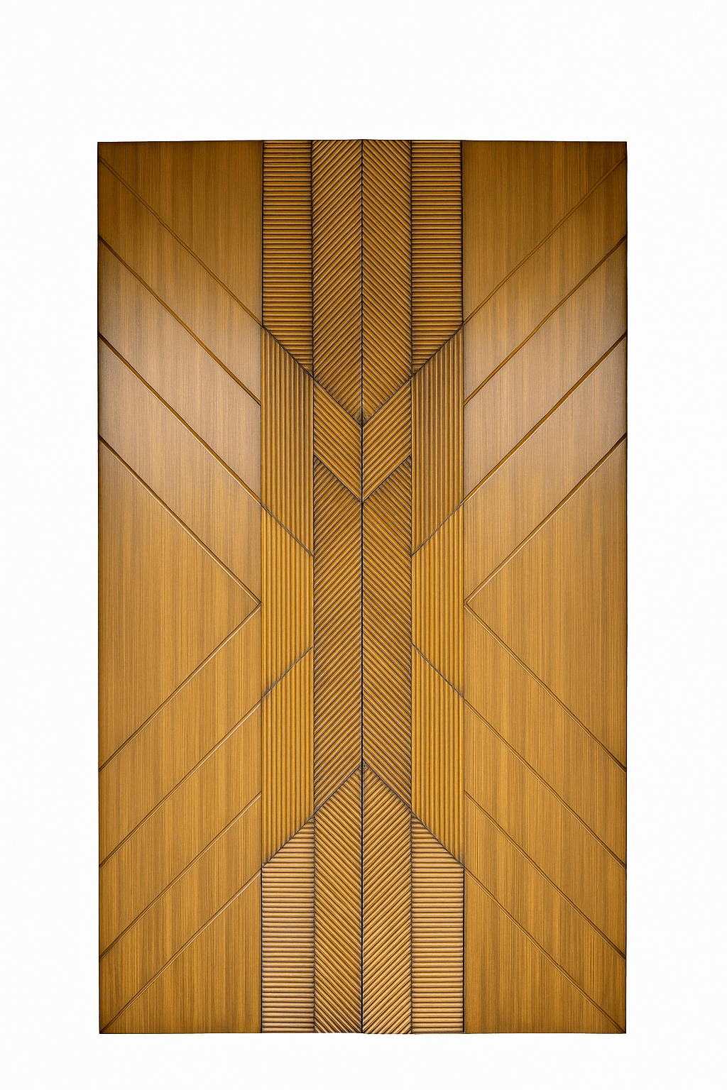 WPC door with symmetrical geometric groove patterns and modern linear texture