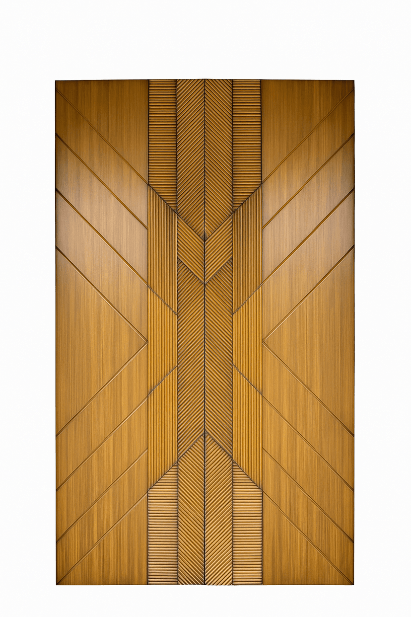 WPC door with symmetrical geometric groove patterns and modern linear texture