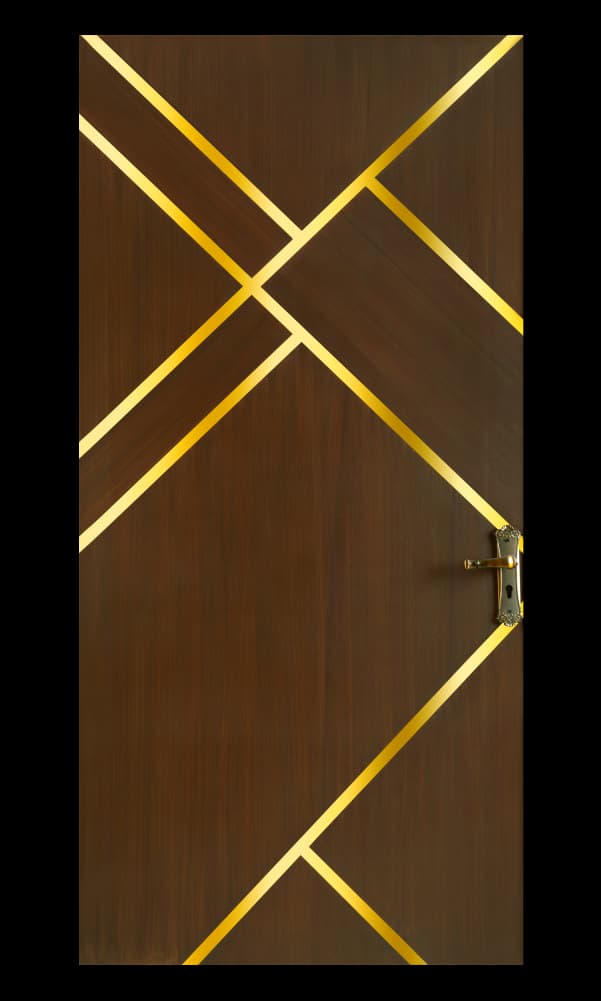 Premium WPC door with gold geometric lines and dark wood finish