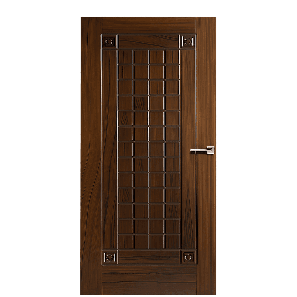 Wood-textured WPC door with central grid panel and carved square corner designs
