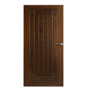 Wood-textured WPC door with central grid panel and carved square corner designs