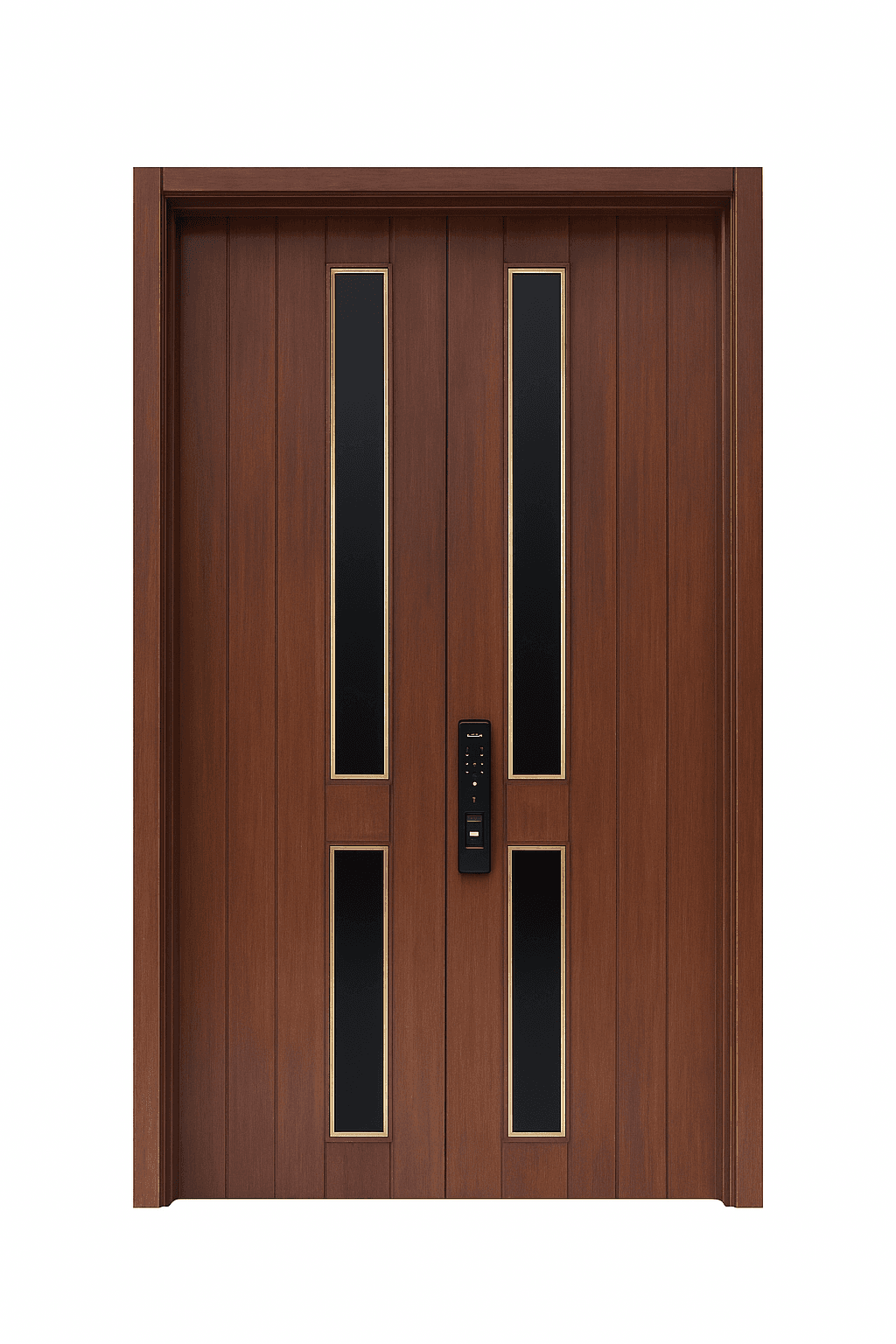 WPC double door with vertical black glass panels framed in gold