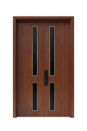 WPC double door with vertical black glass panels framed in gold