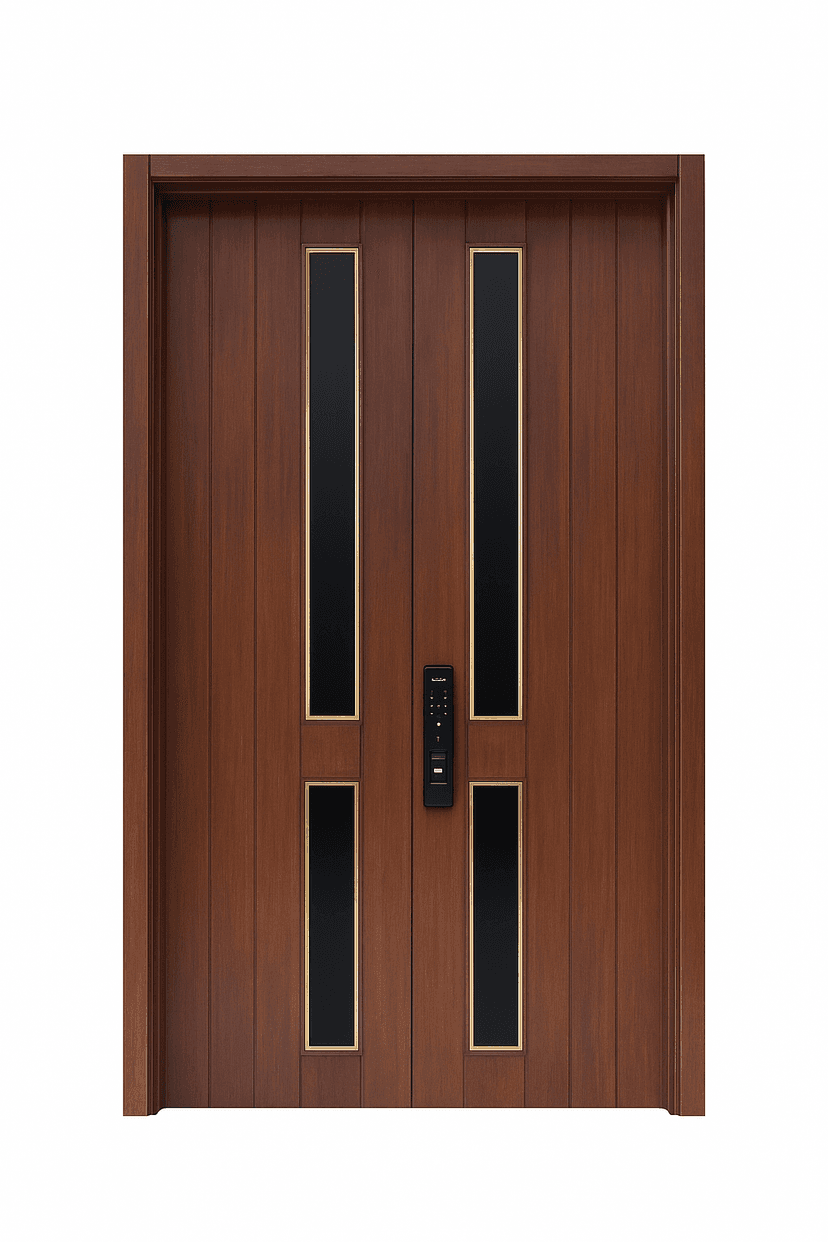 WPC double door with vertical black glass panels framed in gold